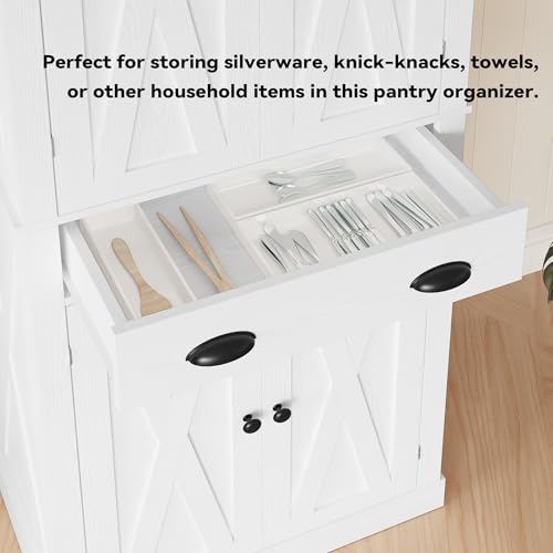 IRONCK Kitchen Pantry Storage Cabinet 72.6" H, with Barn Doors, Drawer, 4 Adjustable Shelves, Freestanding Cupboard for Dining Room Living Room, Laundry, White