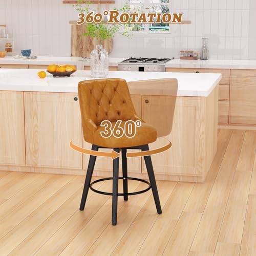 Sunny Heart Swivel Bar Stools with Backs,30" H Counter Stools Set of 2,Counter Height Bar Stools, Upholstered Kitchen Barstools with Solid Wood Legs,Beige