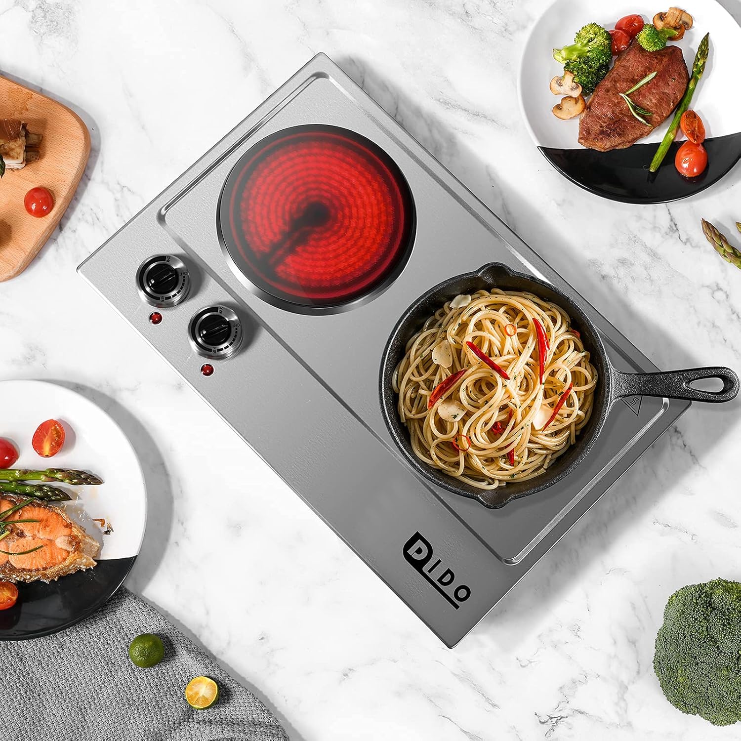 DIDO 1800W Hot Plate, Portable Electric Stove Countertop Cast-Iron Double Burner with Adjustable Temperature& Anti-Slip Feet, Stainless Steel Cooktop for Home/Camp/RV, Compatible for All Cookwares