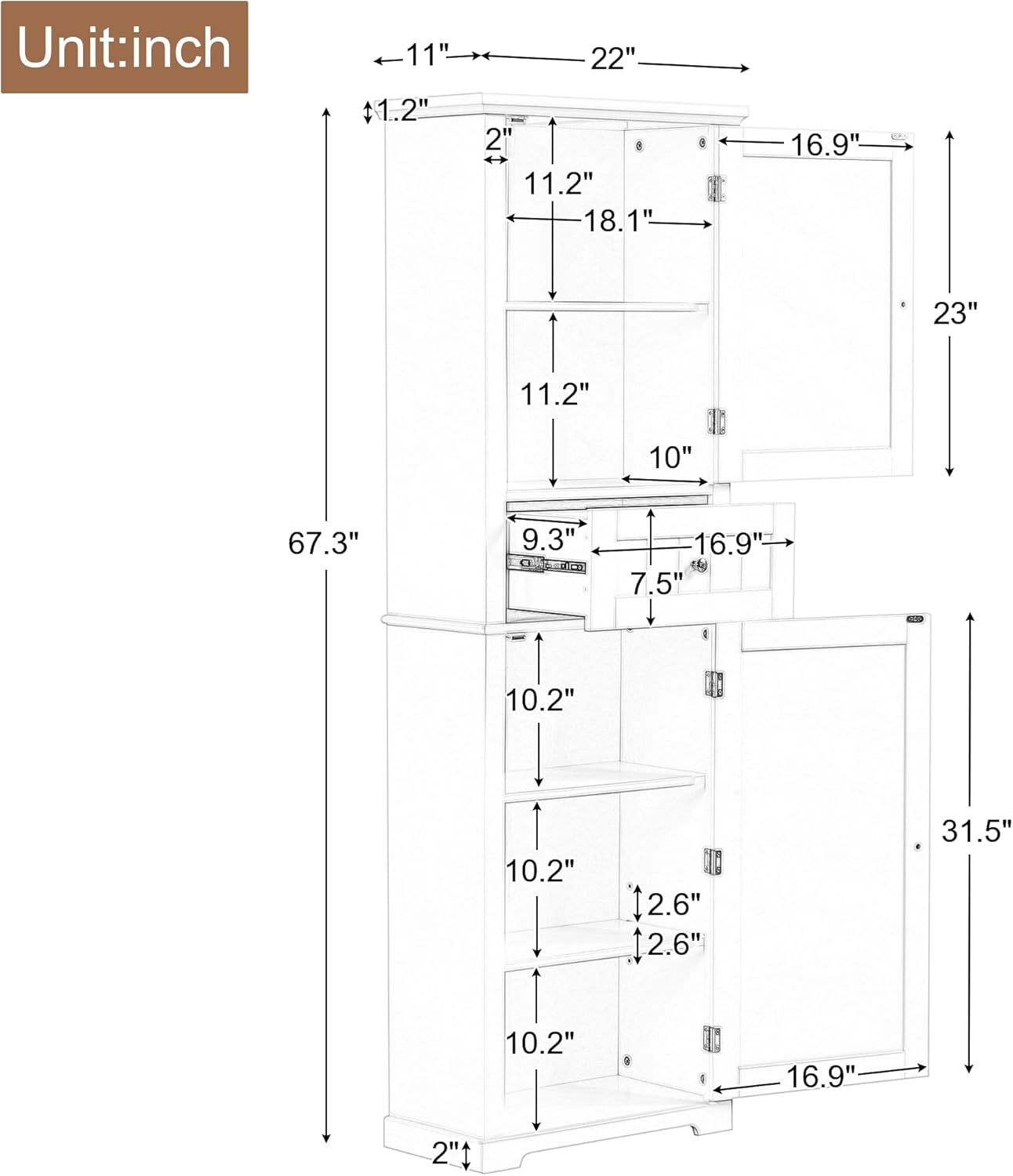 DofFo 67.3“ Tall Linen Bathroom Storage Cabinet, Modern Linen Cabinet Freestanding with 2 Doors and 1 Drawer, Bathroom Organizers Storage, Shelves for Bathroom, Living Room, Anti-Tipping, White