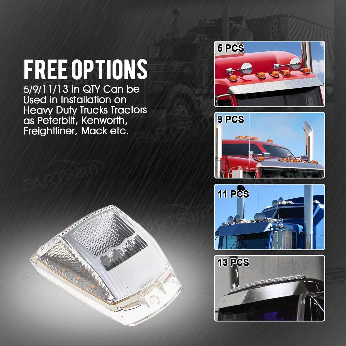 Partsam 5pcs 17 LED Clear Lens 5*3.75 Amber Cab Marker Top Roof Running Truck Cab Light Waterproof Top Reflective Lights Compatible with Peterbilt/Kenworth/Freightliner/Mack/