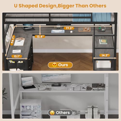 ADORNEVE Loft Bed Full Size with U-Shaped Desk, 6 Storage Drawers, Power Outlet, LED Metal Loft Bed with 2 Storage Shelves, Bed with Safety Guardrail & Ladders, No Box Spring Needed, Rustic Brown
