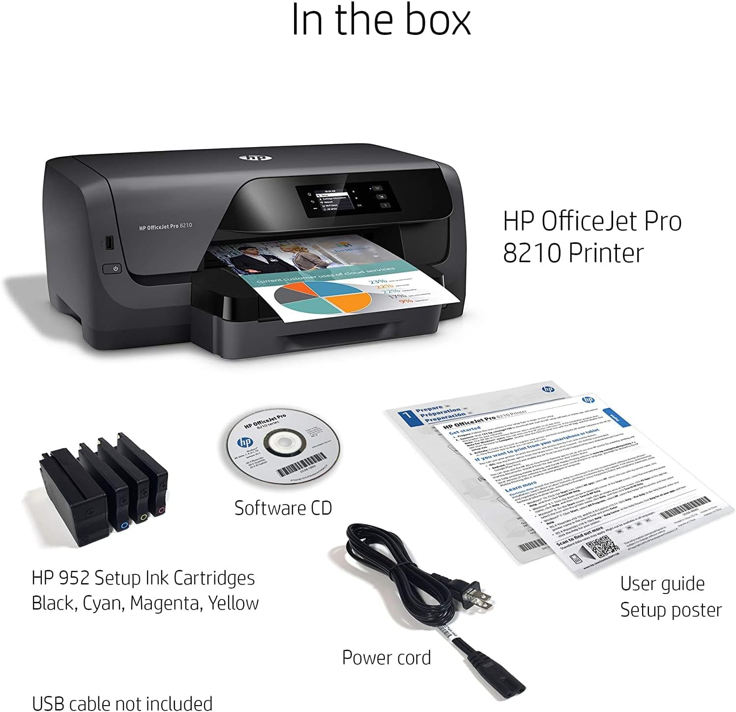 HP OfficeJet Pro 8210 Wireless Color Printer for Home Business, 2.0” Mono Display, auto 2-Sided Color Printing, 250-sheet Capacity Paper Tray, Copy Print +USB Cable