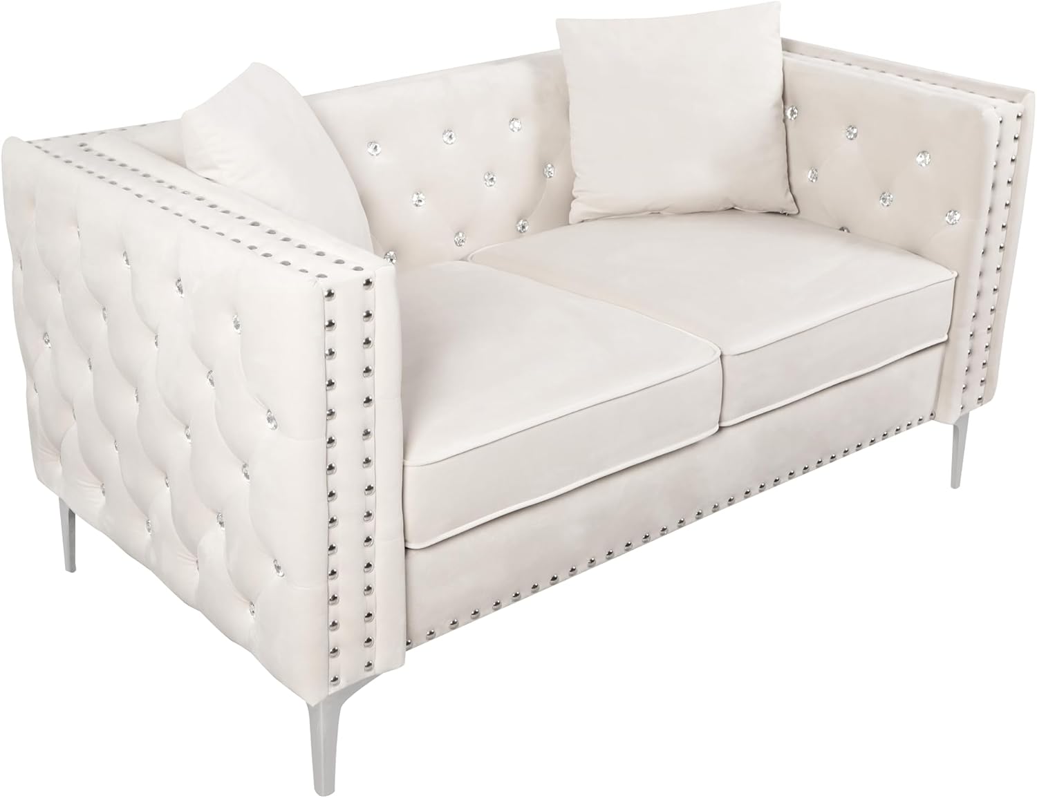 2 Piece Modern Velvet Living Room Set with Sofa and Loveseat,Jeweled Button Tufted Copper Nails Square Arms,4 Pillows Included,Beige,4 colors