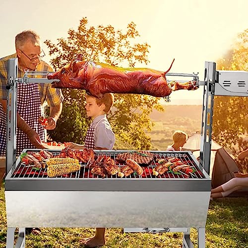 stainless steel rotisserie grill, 25w motor small pig lamb rotisserie roaster, 37'' 2 in 1 bbq charcoal rotisserie grill for camping outdoor kitchen (without baffle)