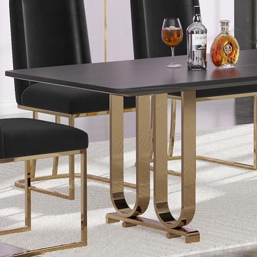 Faux Marble Dining Table for 6 Person, 63" Marble Kitchen Table with Craft Glass Tabletop and Black Legs, Luxury Large Long Dining Room Table for Home Kitchen Office (Table Only)