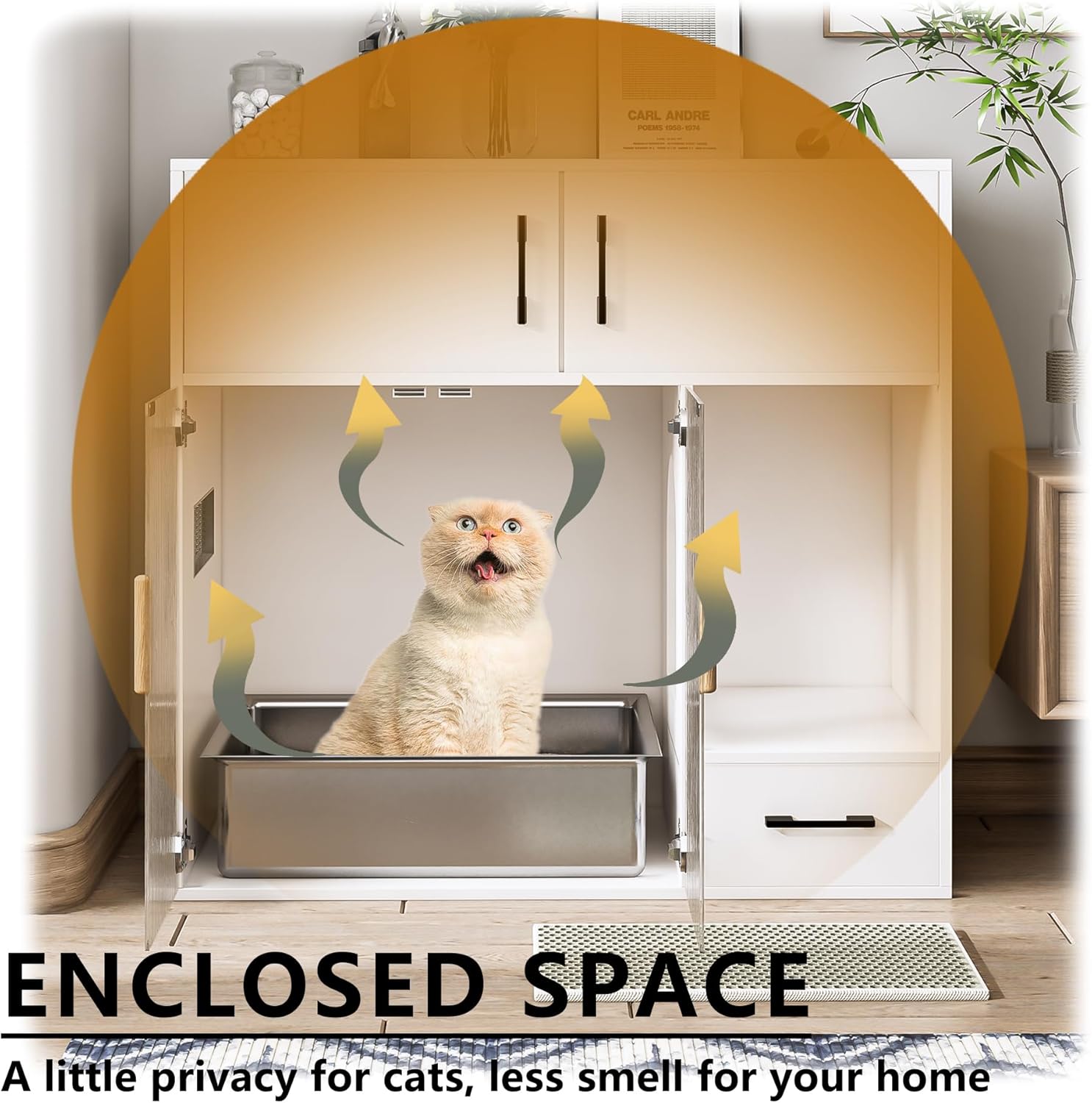 Cat Litter Box Enclosure Furniture Style White Cat Cabinet Side Table with Storage Space for Living Room, 37.4'' x 19.7'' x 35.4''