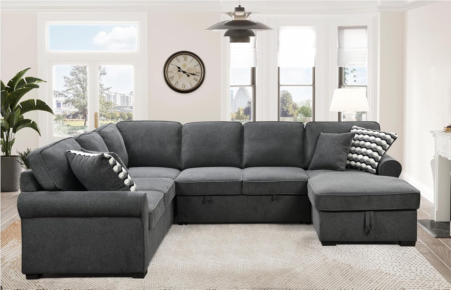 Ball & Cast 117" Sofa Bed with Storage Chaise,U Shaped Corner Convertible Sleeper Sectional Couch W/ 4 Throw Pillows & Removable Backrest Cushions,for Living Room,Apartment,Dark Gray