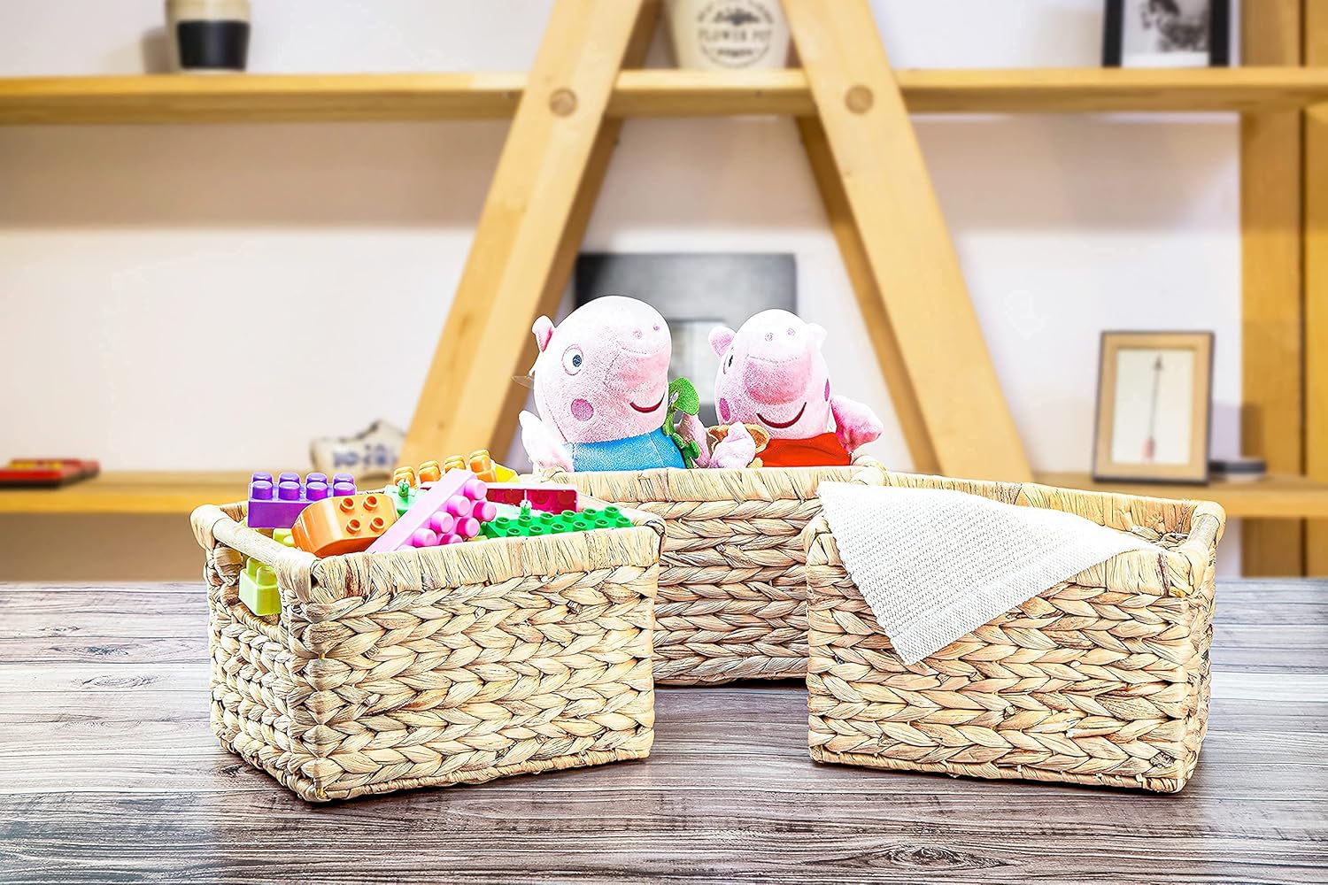 VATIMA Large Wicker Basket Rectangular with Wooden Handles for Shelves, Water Hyacinth Basket Storage, Natural Baskets for Organizing, Wicker Baskets for Storage 14.5 x 10.3 x 7.2 inches