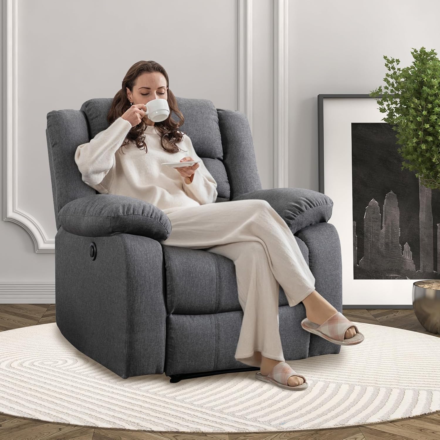 Power Recliner Chair, Soft Fabric Electric Reclining Chair with Overstuffed Back and Arm, Classic Single Sofa Recliner Chair for Living Room, Bedroom, Home Theater (Grey)
