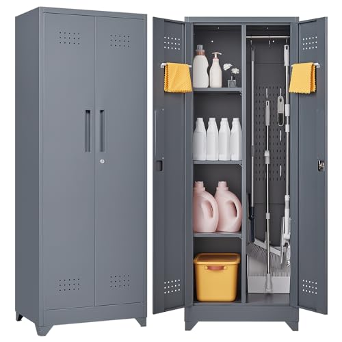 65"H Broom Closet Storage Cabinet, Utility Closet for Brooms and Mops, Cleaning Metal Storage Cabinet with Pegboard and Hanging Rod, Metal Cabinet with Doors and Adjustable Shelves，Garage，Grey-White