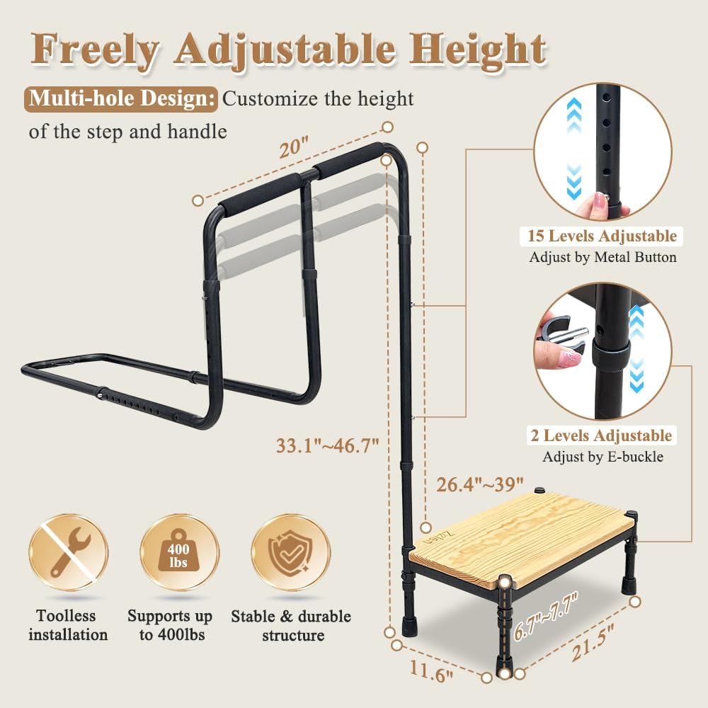Zelen Bed Steps for High Beds for Adults Bed Assist Rail with Step Seniors Elderly Bed Step Stool with Handle for Seniors Bedside Foot Stools Medical Step Platform Heavy Duty with Straps