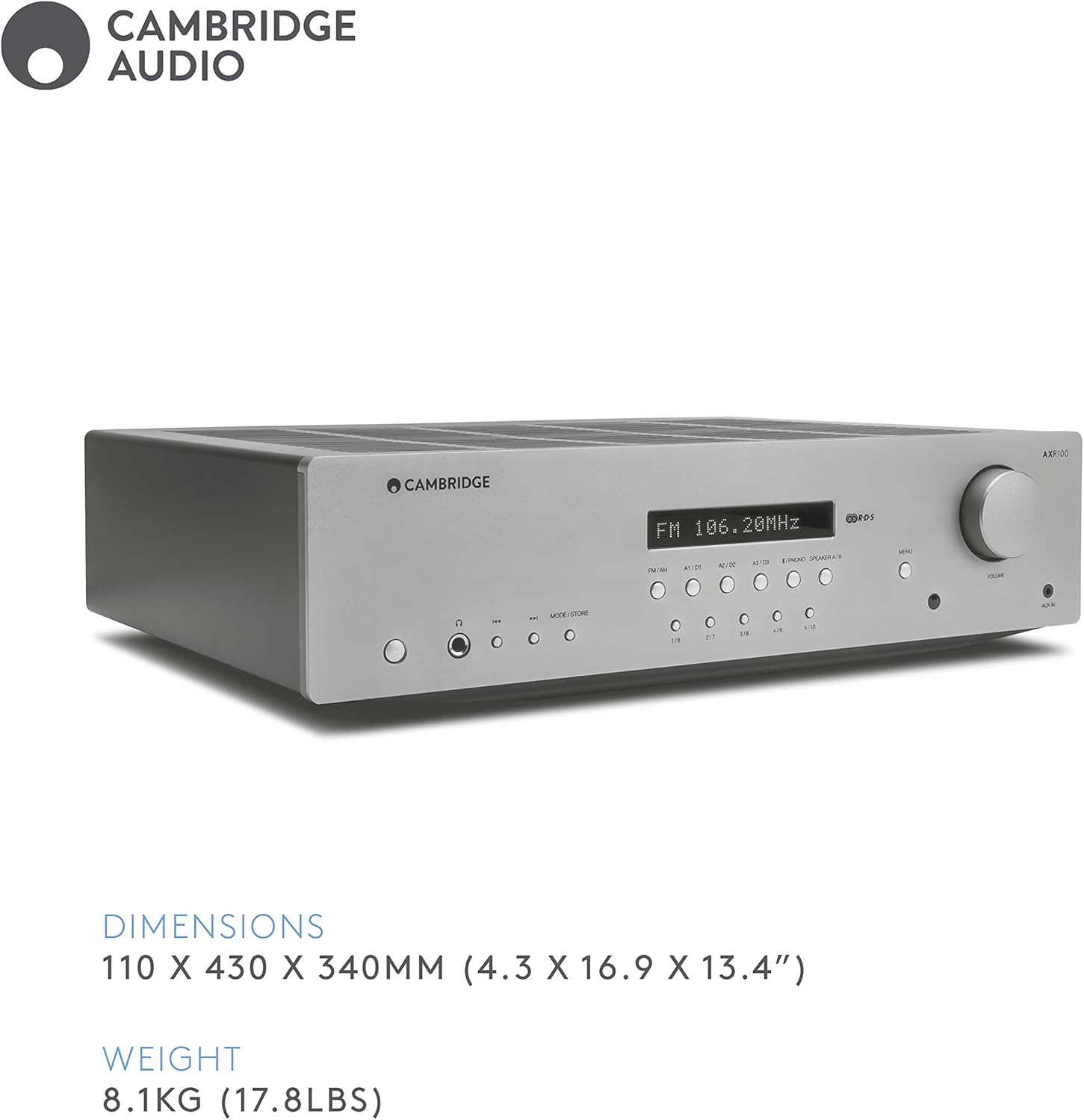 Cambridge Audio AXR100 100-Watt Stereo Receiver with Bluetooth | Built-in Phono Stage, 3.5mm Input, AM/FM with RDS