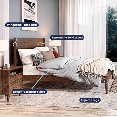 Mid Century Solid Wood Platform Bed, Queen Size, Brushed Walnut