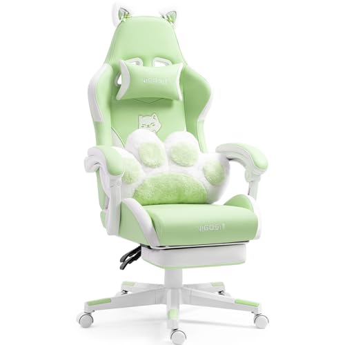 Cute Gaming Chair with Cat Paw Lumbar Cushion and Cat Ears, Ergonomic Computer Chair with Footrest, Reclining PC Game Chair for Girl, Teen, Blue