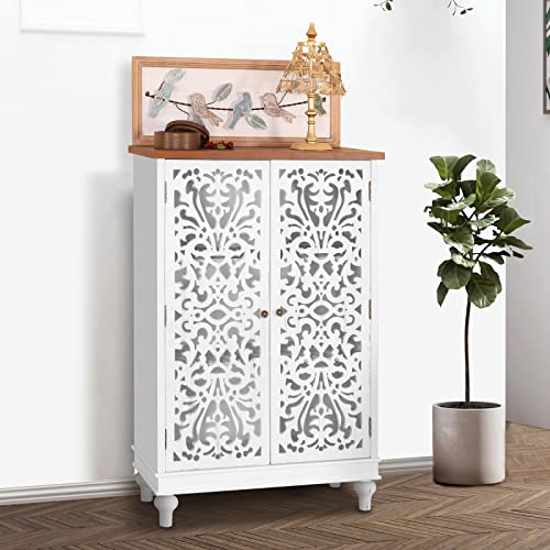 MFSTUDIO Small Accent Storage Cabinet with 1 Door, Farmhouse Hollow-Carved Floral Distressed Decorative Wood Cabinet Nightstand Side Table Sofa Table for Living Room, 13.8" Dx18.9 Wx31.5 H, White
