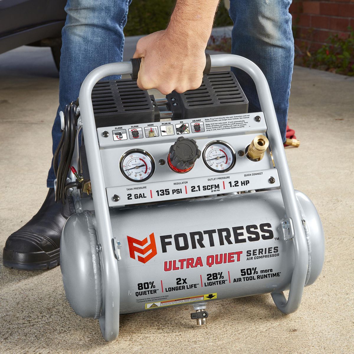 FORTRESS 2 Gallon, 135 PSI Ultra Quiet Oil-Free Hand-Carry Jobsite Air Compressor