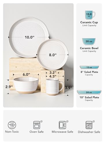 LE TAUCI Dinnerware Sets 16 Piece, Stoneware Plates and Bowls Set, House Warming Wedding Present, Serve for 4 (10" Dinner Plates + 8" Salad Dish + 28 oz Cereal Bowl+12oz coffee mugs) x 4, Arctic White