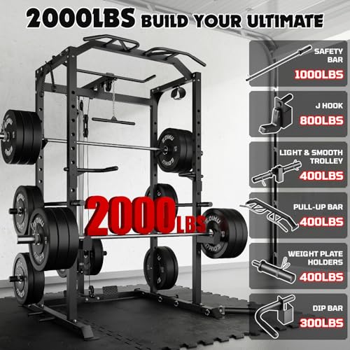 C1-V4 Power Cage, 2000LBS Squat Rack with LAT Pulldown, Multi-Function Weight Cage Strength Training Machine, Workout Cage with More Attachments for Home Gym Garage