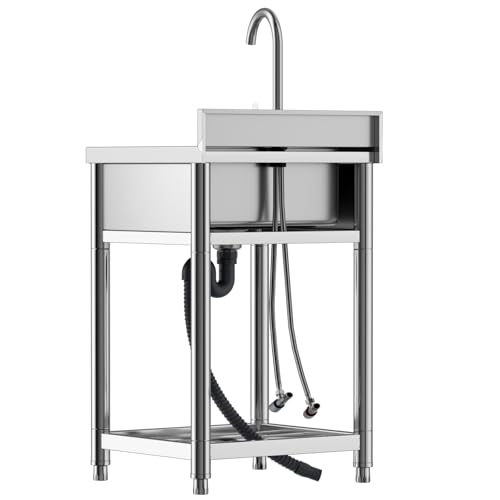 Stainless Steel Commercial Kitchen Sink, Free Standing, Single Bowl Sink Basin with Cold & Hot Water Faucet, Indoor and Outdoor Sink, 21.7 in