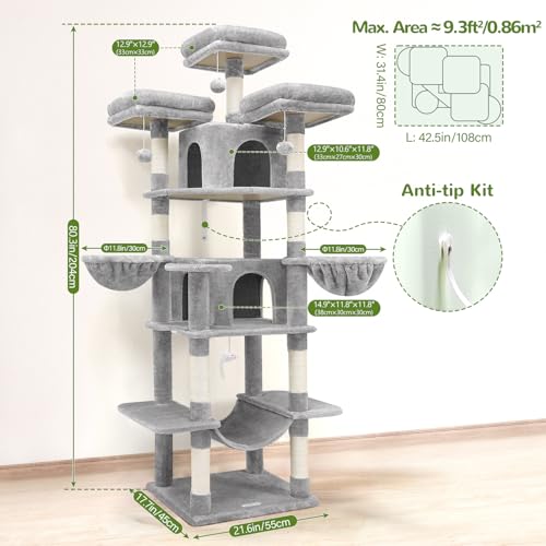Globlazer Big Cat Tower for Indoor Cats, 80inch Cat Tower for Multiple Adult Cats XXL Cat Tree with Scratching Post, Hammock, 3 Perches, 2 Condos, 2 Hanging Basket, F80, Light Grey
