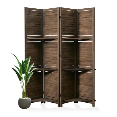Room Divider with Shelves, 5.6 Ft Tall Folding Wood Screen with Double Hinges for Home Office Bedroom Hotel Decoration (6 Panels, Brown)