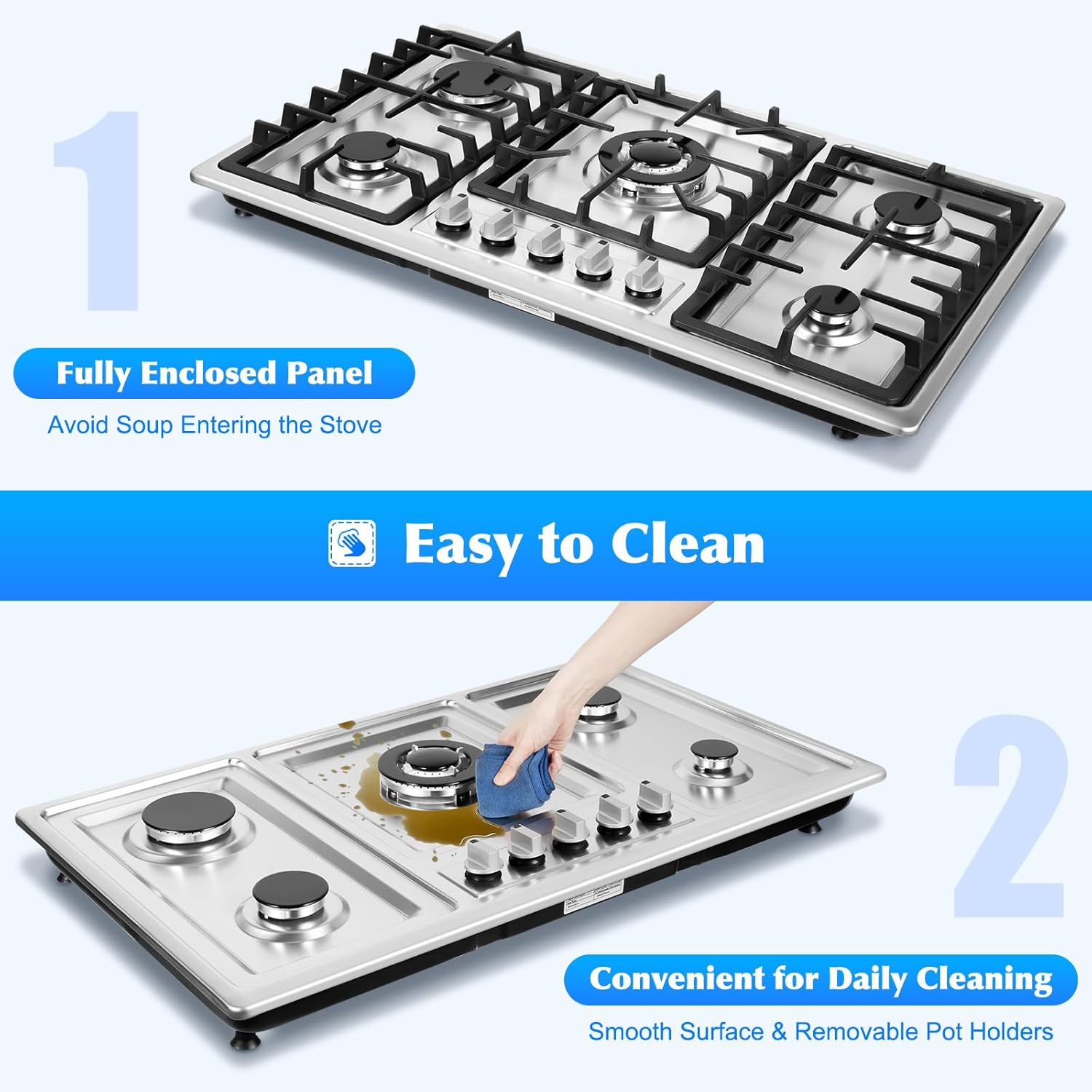 Gas Cooktop 34 inch 5 Burners, Built-in Gas Stove Top Five Different Powered Burners, NG/LPG Convertible Dual Fuel Automatic Flame Failure Protection Device Fully Enclosed Stainless Steel Panel.