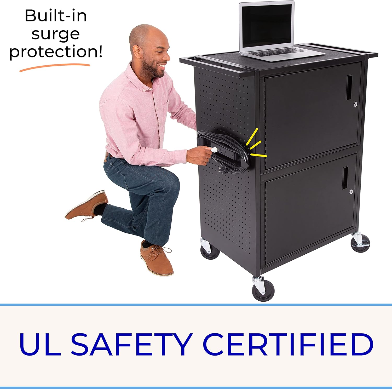 Line Leader Stellar AV Cart | Computer Cart with Pegboard Siding & 12 Hooks for Customizable Storage | Locking Cabinet & Pullout Keyboard Tray | UL Safety Certified Power Outlets | Locking Wheels