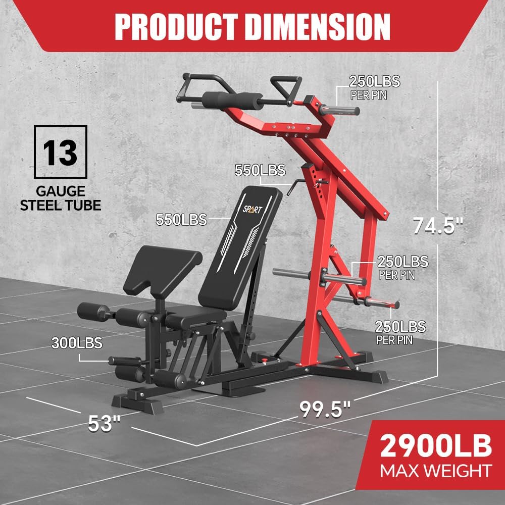 SPART Leverage Machine, Multifunctional Strength Training Station, Plate Loaded Lever Gym with Multi Bench Press for Chest, Shoulder, Back, Core, Leg, Full Body Workout Machine for Home Gym, Red
