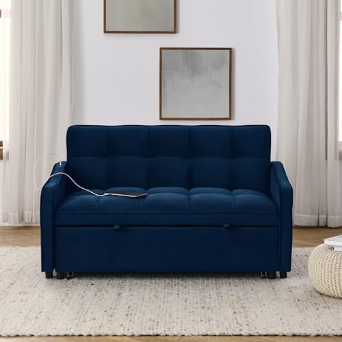 57.1" Convertible Sofa Bed, 3 in 1 Multi-Functional Lounge Chair Sleeper Loveseat , Pull Out Couch Guest Bed Futon Sofabed Sofacama with Adjustable Backrest and Side Pockets for Living Room Office