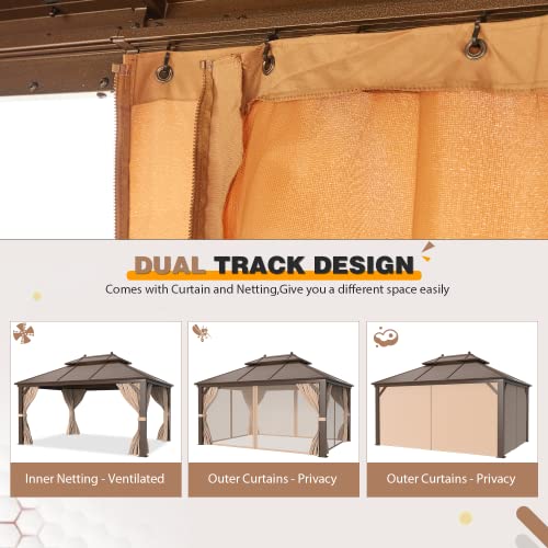 EROMMY 14'x20' Hardtop Gazebo Double Roof Galvanized Steel Canopy Outdoor Aluminum Frame Permanent Metal Pavilion with Netting and Curtains for Patio Backyard Deck and Lawns