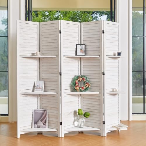 Room Divider with Shelves, 5.6 Ft Tall Folding Wood Screen with Double Hinges for Home Office Bedroom Hotel Decoration (6 Panels, Brown)