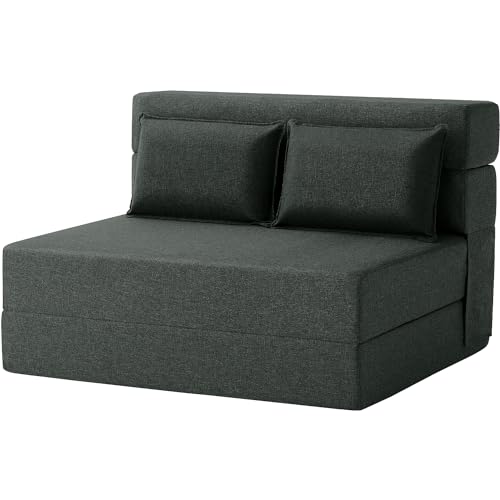 Convertible Folding Sofa Bed-Sleeper Chair with Pillow, Modern Linen Fabric Floor & Futon Couch, Foldable Mattress for Living Room/Dorm/Guest Use/Home Office/Apartment, Full Size,Dark Green
