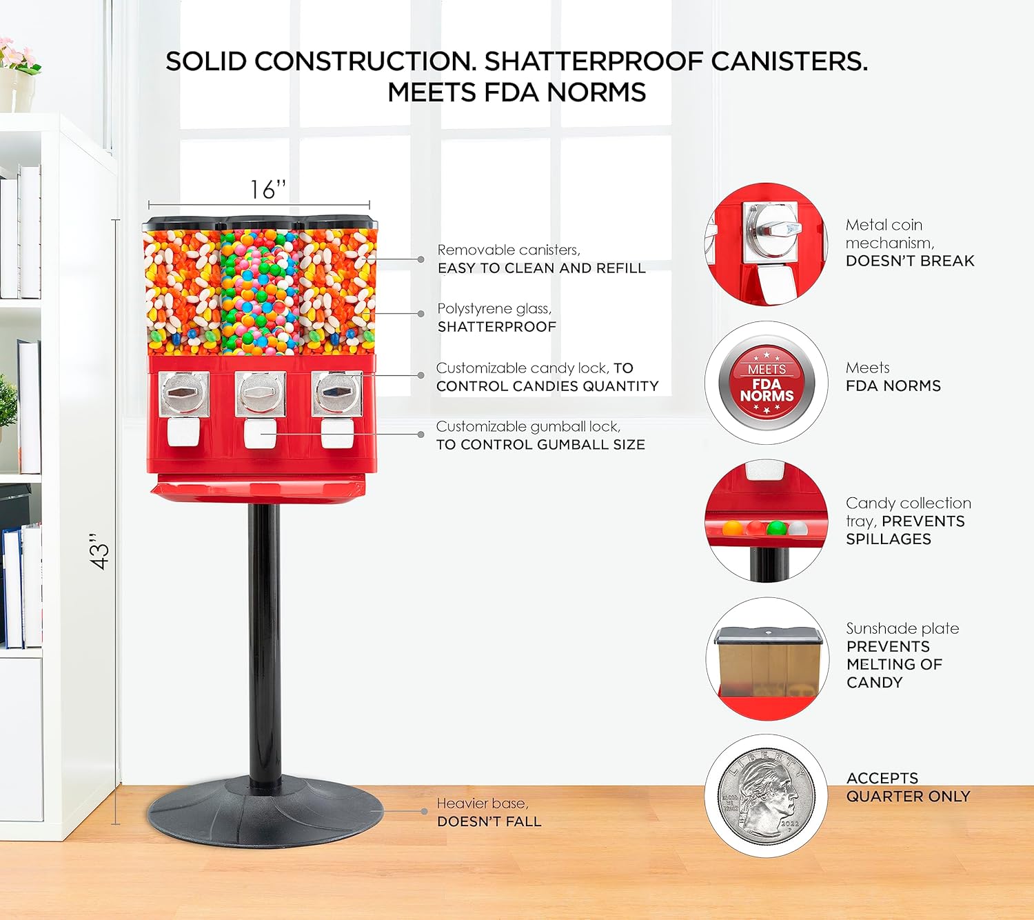 Commercial Candy Vending Machine Triple Candy Machine Dispenser for Gumball Candy with 3 Removable Canisters and Quarter Coin Operated Vending Machine with Anti-Theft Lock for Business Meets FDA Norms