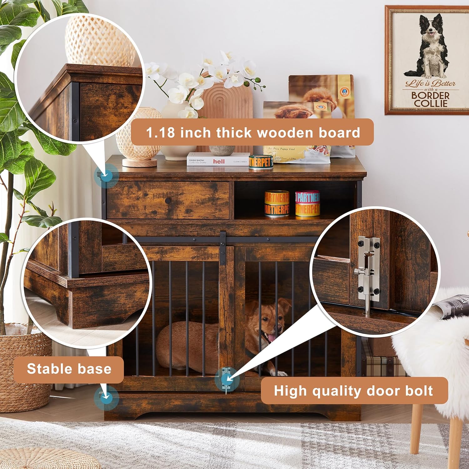 35.4 Inch Furniture Style Dog Crate with Sliding Barn Door and Storage Drawers, Wooden Dog Cage Furniture End Side Table, Chew-Resistant, Rustic Brown, 35.4" W x 23.6" D x 33.5" H