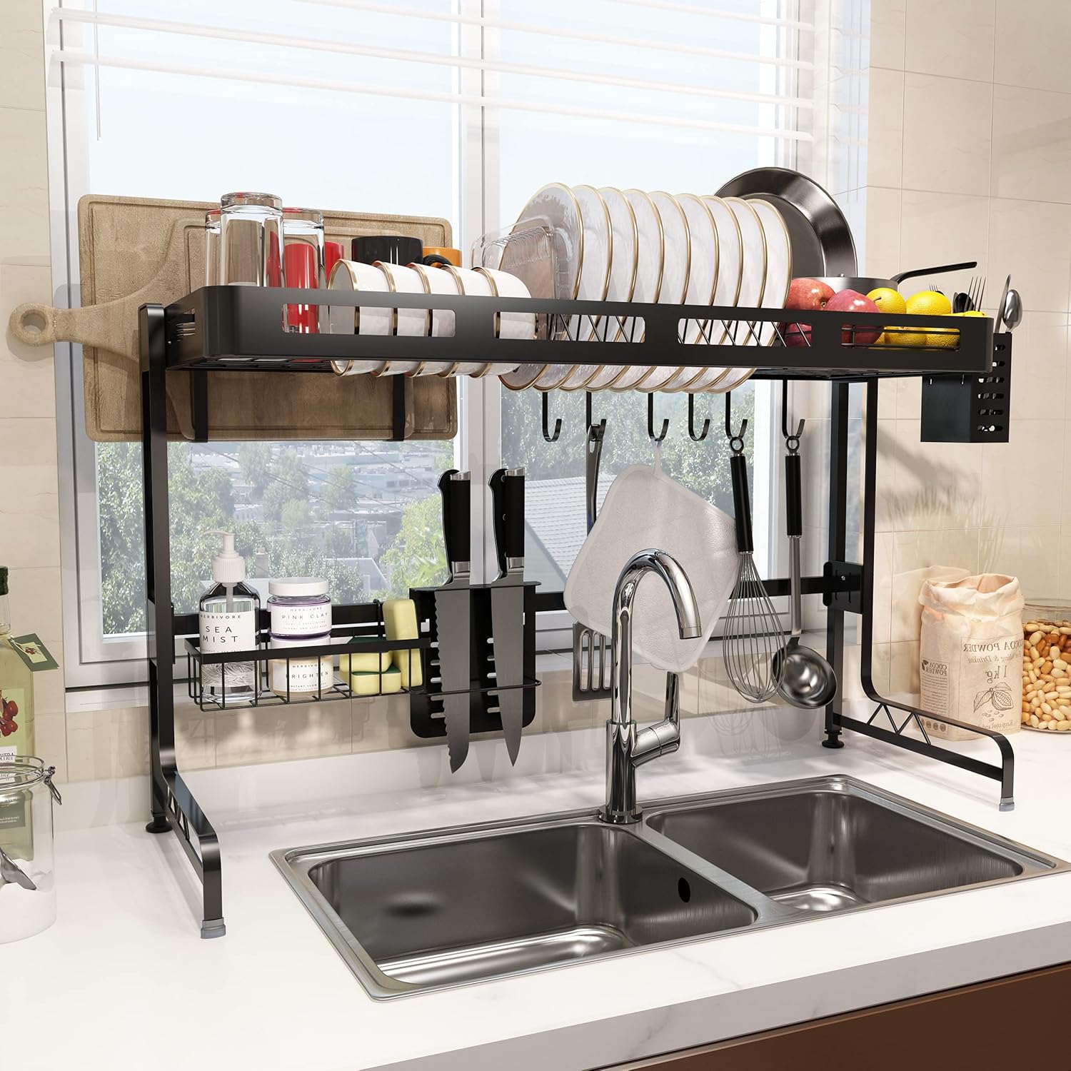 Dish Drying Rack Over The Sink Adjustable Height and Length 2 Tier Large Dish Rack Above Sink Expandable Stainless Steel Dish Drainer Shelf for Kitchen Counter Organizer Space Saver with 6 Hooks
