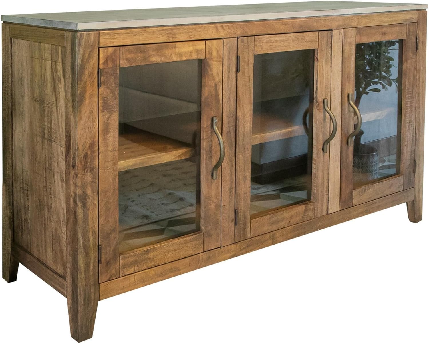 Benjara Asic 57 Inch Sideboard Console Cabinet, Glass Doors, Rustic Brown, Shelf