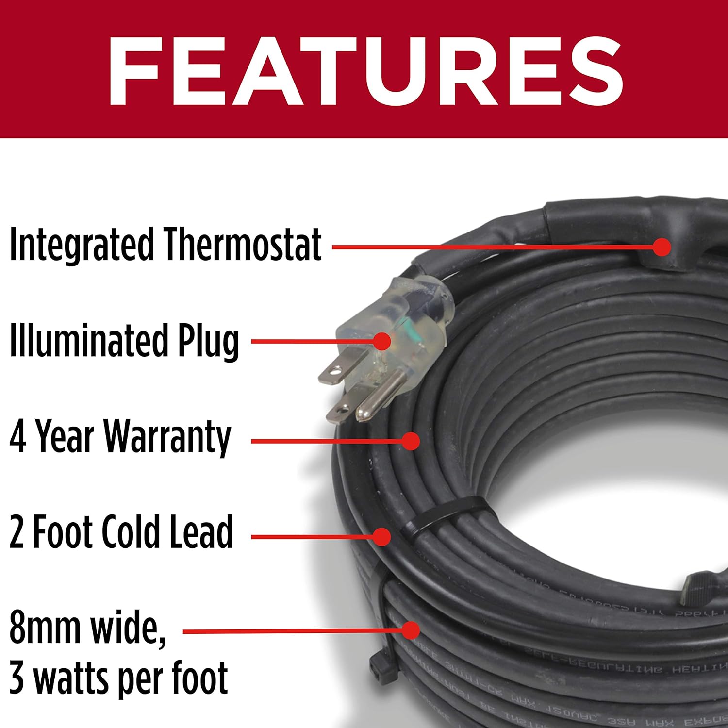 Heat Cable for Pipe Freeze Protection, 60 feet, with Built-in Thermostat and 16 Feet of High-Temp Installation Tape, Heavy-Duty, Self-Regulating, 120 volt …