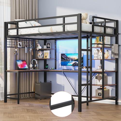 MSmask Loft Bed Twin Size with L Shaped Desk, LED Lights, Charging Station, Heavy Duty Metal Loft Bed Frame with 6 Storage Shelves, Safety Guard & Ladder, No Box Spring Needed, No Noise, Black