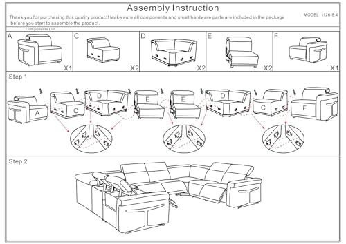 Riccardo 8-Piece Italian Leather U Shaped Sectional Couch with 4-Power Reclining Sofa Seats, Adjustable Headrests, and USB Chargers, Wall Hugger for Small Spaces, Dark Grey