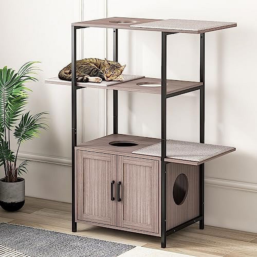 TOLEAD Cat Tree with Litter Box Enclosure, Modern Cat Litter Box Furniture Hidden with Cabinet for Large Cats, Metal Frame 3-Tier Cat Tower, 3 Removable Washable Cushions…