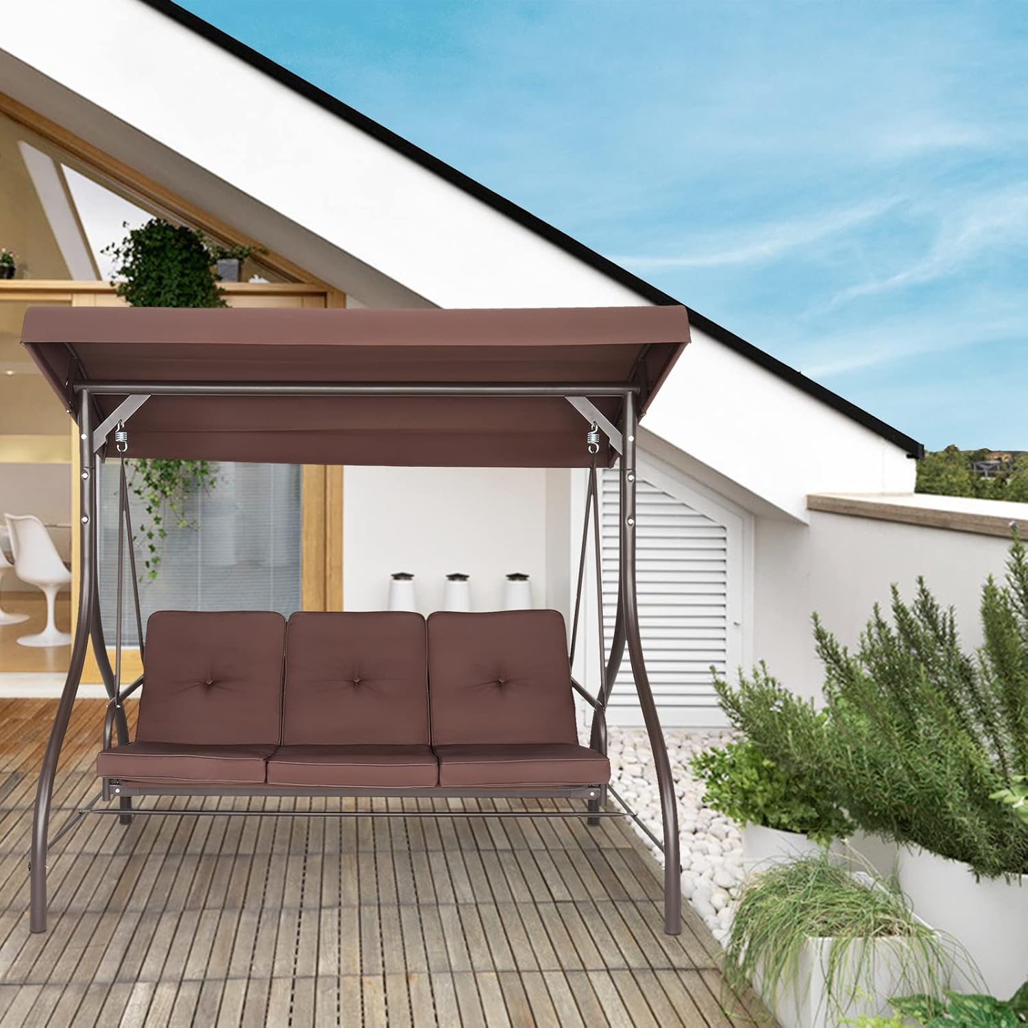 NA Steel Swing Load Bearing 551-pound,Porch Swing Outdoor Patio Swing Seat with Comfortable Cushion and Adjustable Waterproof Canopy Swing Chair,Garden 3-Seater Brown, 74.8''*47.24''*68.9''
