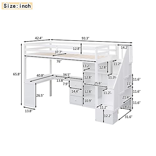 Harper & Bright Designs Twin Size Loft Bed with Storage Stairs, Wood Loft Bed with Wardrobes Space Saving Loftbed Frame for Kids & Teens Bedroom, White