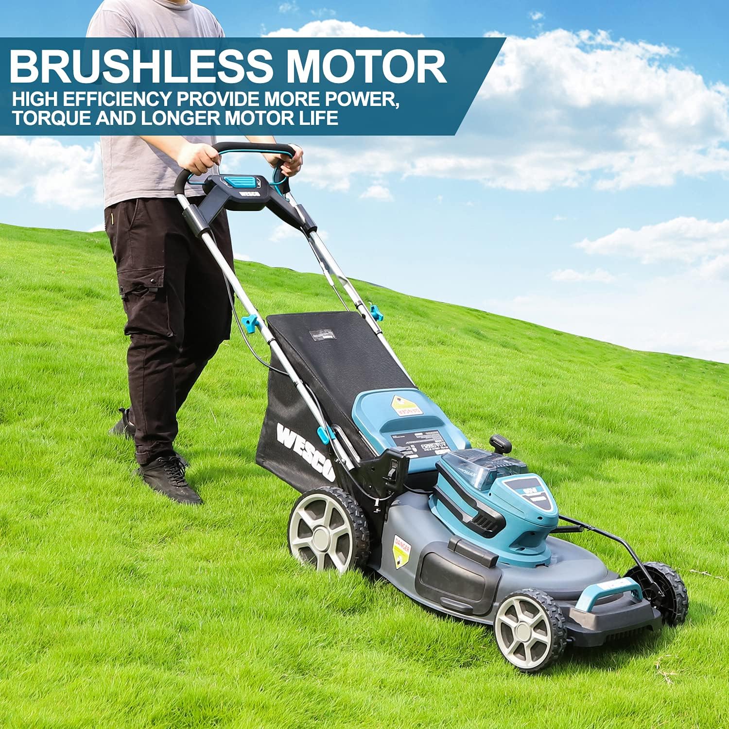 WESCO 60V Self-Propelled Cordless Lawnmower, 21 inch Brushless Push Lawn Mower, 3-in-1 Mower, 5.0Ah Battery and Fast Charger