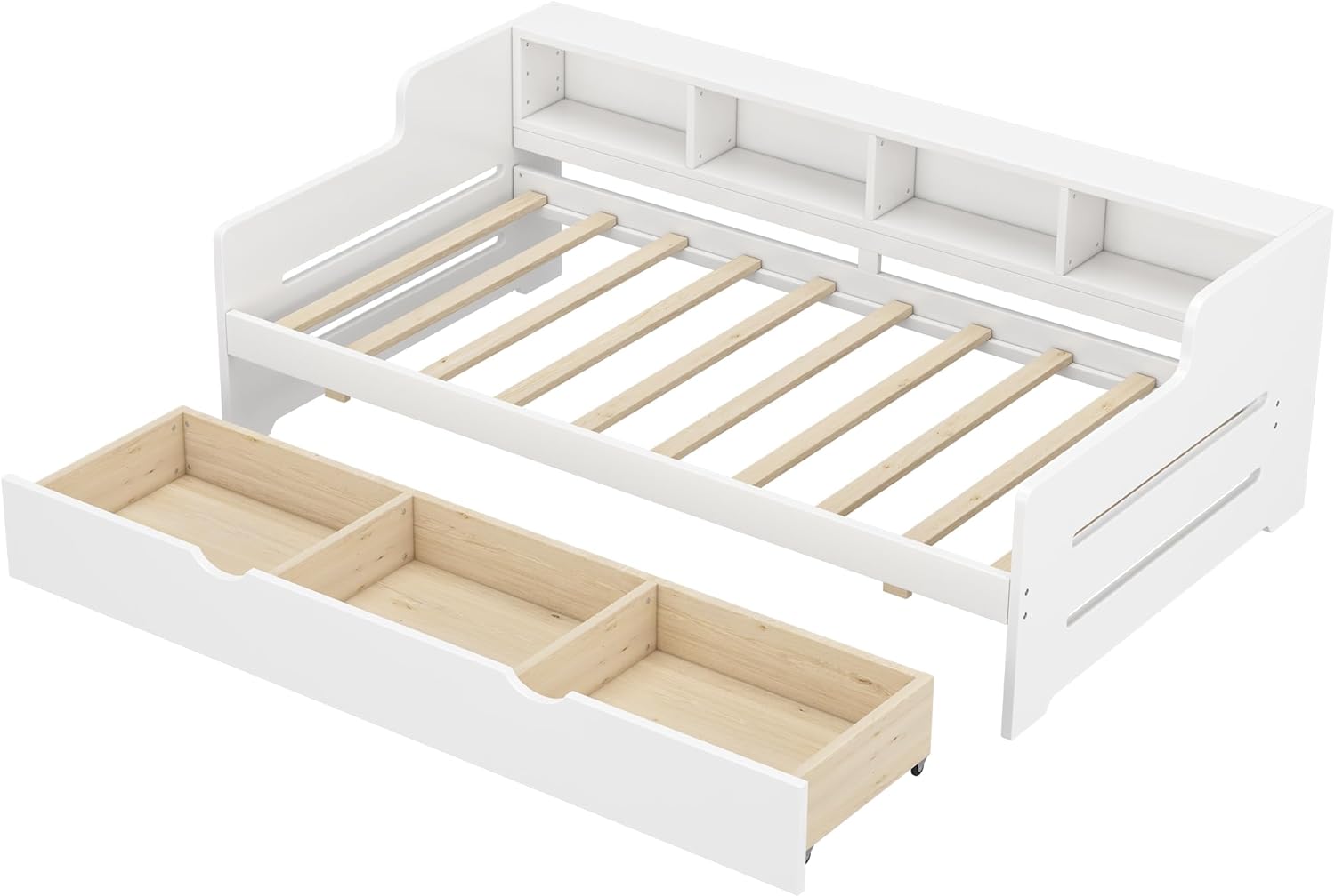 Size Daybed With Storage, Wood Daybed With Drawers & Bookcase Headboard For Kids Tees, Platform Bed With 3-I-1 Drawer For Livig Room Guest Room, White
