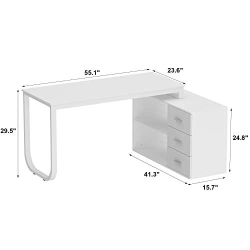 FAMAPY 55.1” L-Shaped Desk with Drawers and Shelves, Office Desk Corner Desk with Storage, Computer Desk Craft Desk for Home Office Bedroom White