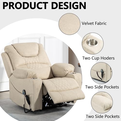 Power Lift Chair Lay Flat Recliner Infinite Position Electric Dual Motor Stand Up Lift Chair with Massage and Heat for Adults,Heavy Duty Recliners with 2 Remote Controls and Two Cup Holders