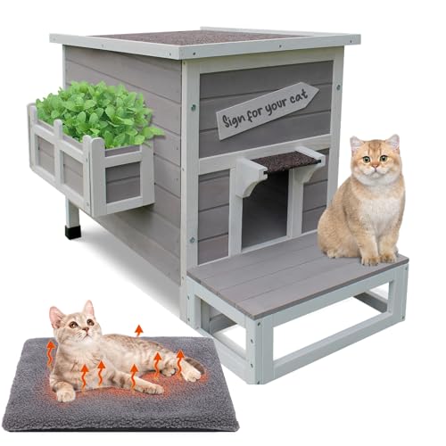 Rockever Outdoor Cat House, Large Outdoor Houses for Feral Cats Wooden Outside Cat Shelter Weatherproof with Escape Door