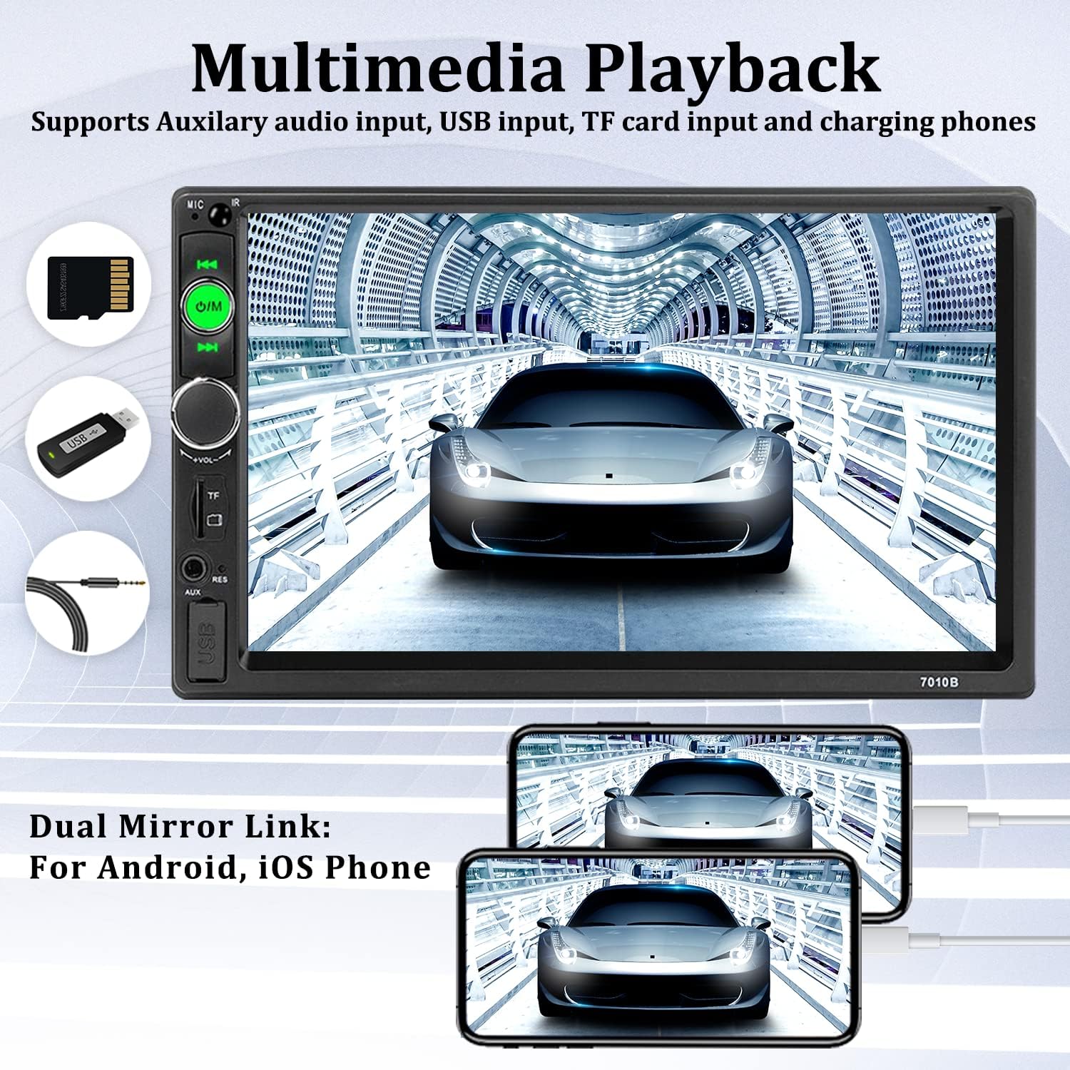 Car Stereo Double Din Car Radio 7 Inch HD Player MP5 Touch Screen Digital Display Bluetooth Multimedia 2 Din FM Radio Receiver AUX In USB TF Card Input Mobile Mirror Link with 12 LED Car Backup Camera