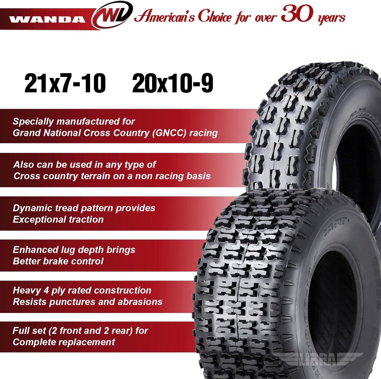 WANDA Set 4 Sport ATV Tires 21x7-10 & 20x10-9 Polaris Phoenix 200 Predator 500